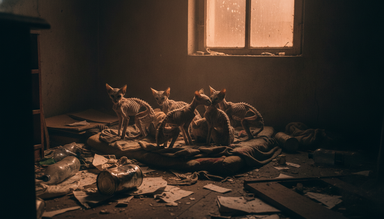 Chats squelettiques entassés dans un logement sombre et insalubre