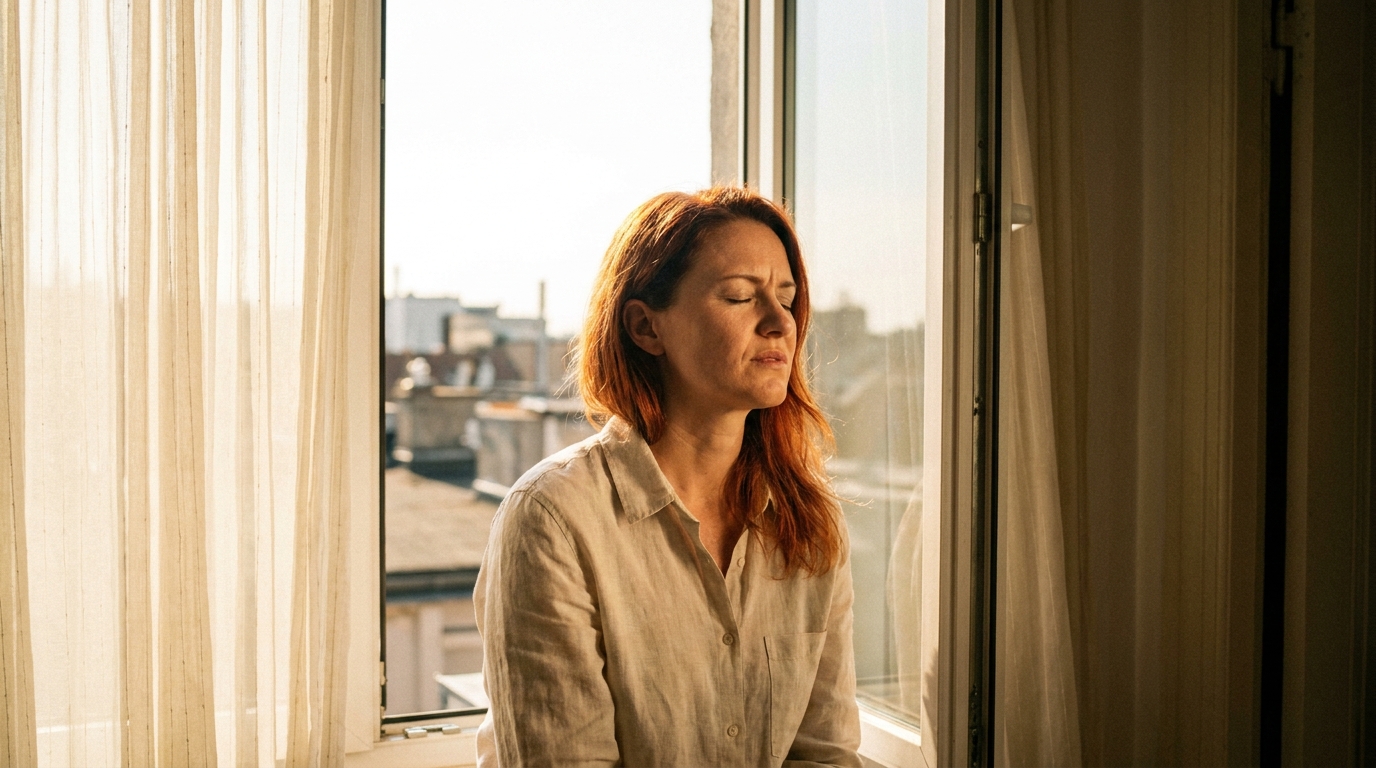 Femme rousse les yeux fermés près d'une fenêtre en pleine chaleur