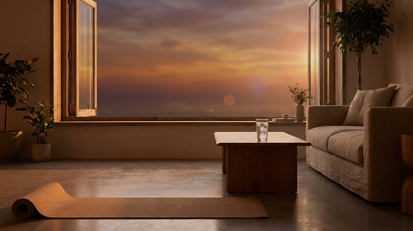Salon épuré avec tapis de yoga et verre d'eau glacée au coucher du soleil