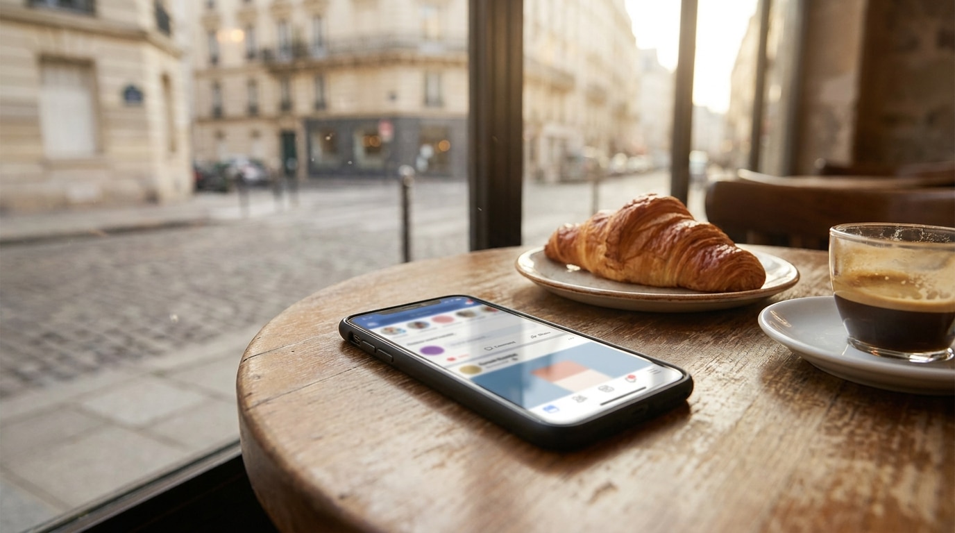 Smartphone posé sur une table de café parisien