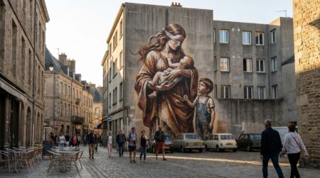 Fresque murale colorée représentant la justice tenant un enfant