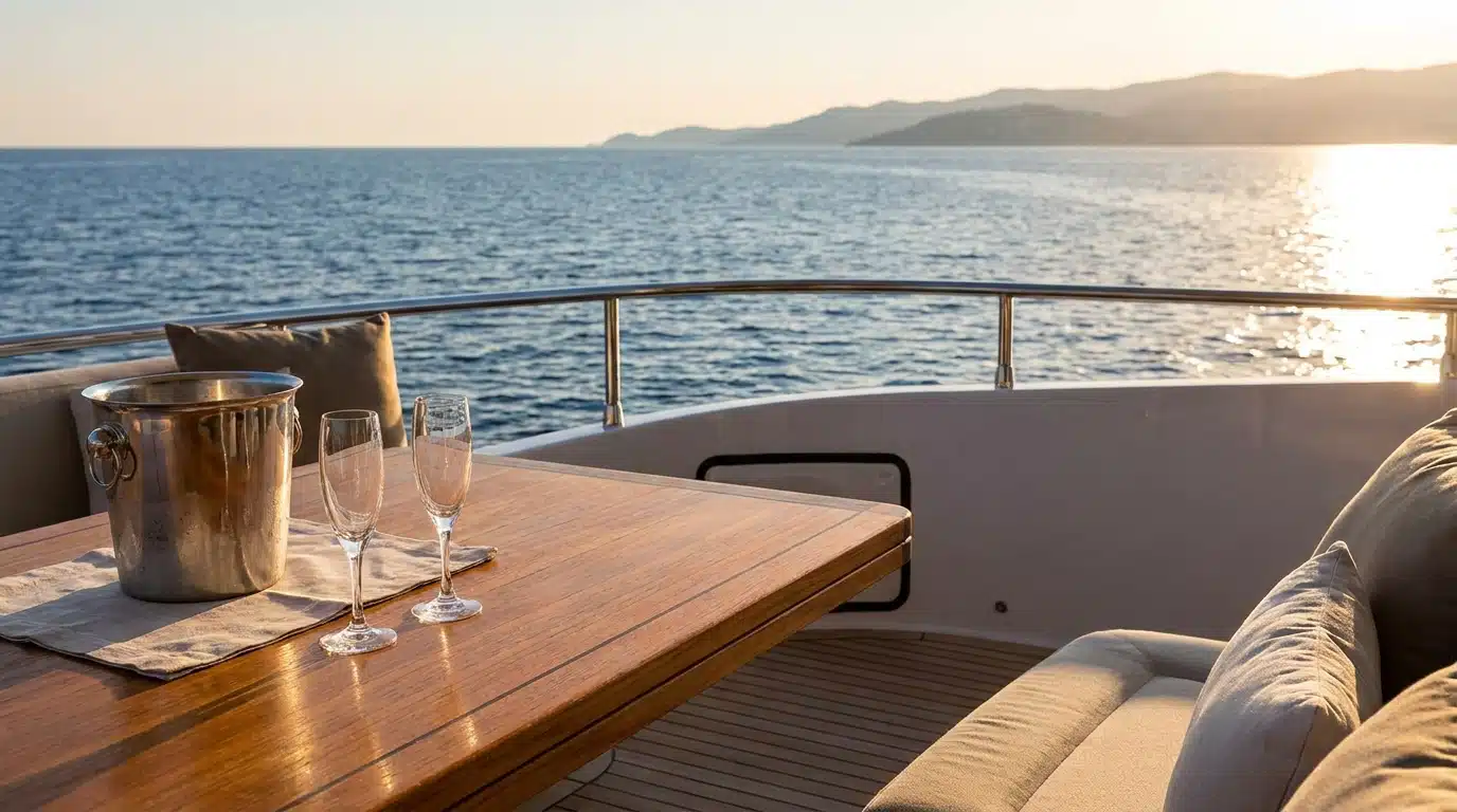Pont de yacht avec verres de champagne au coucher du soleil sur la Méditerranée