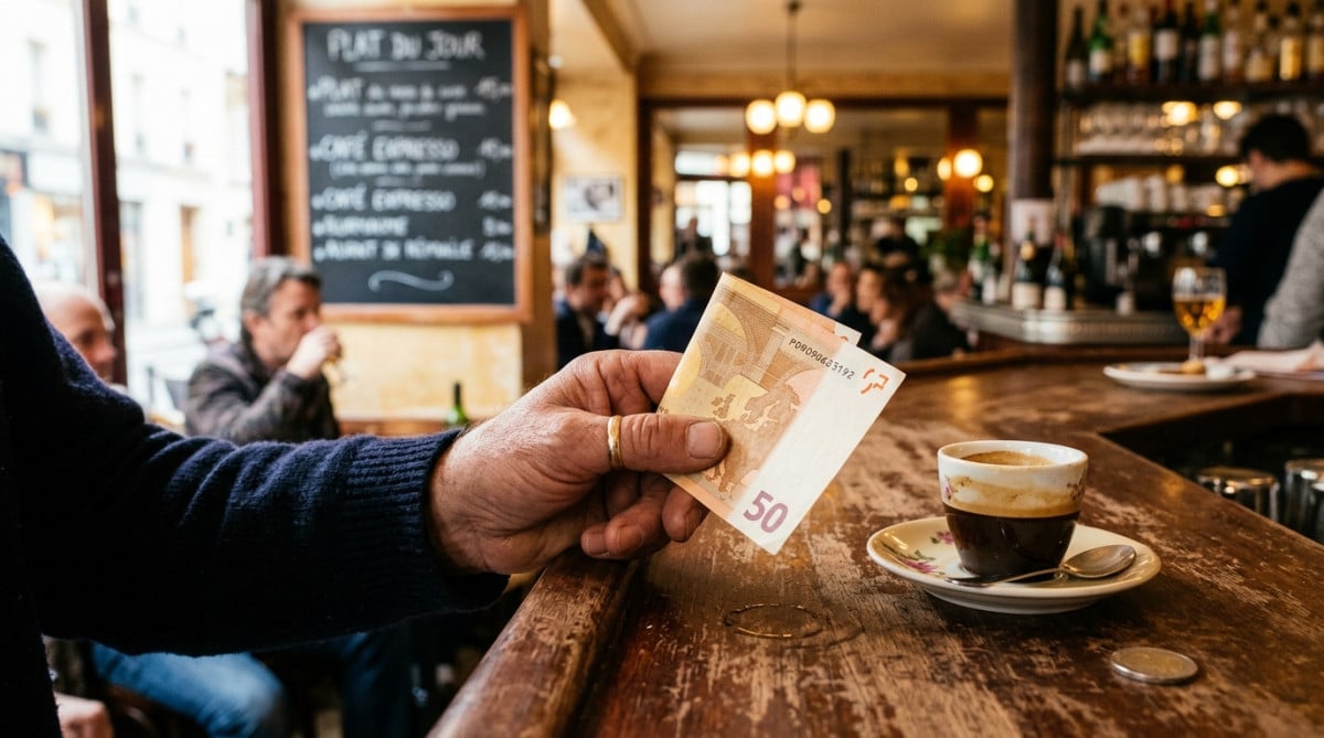 Billet de 50 euros posé à côté d'un café dans un bistro français