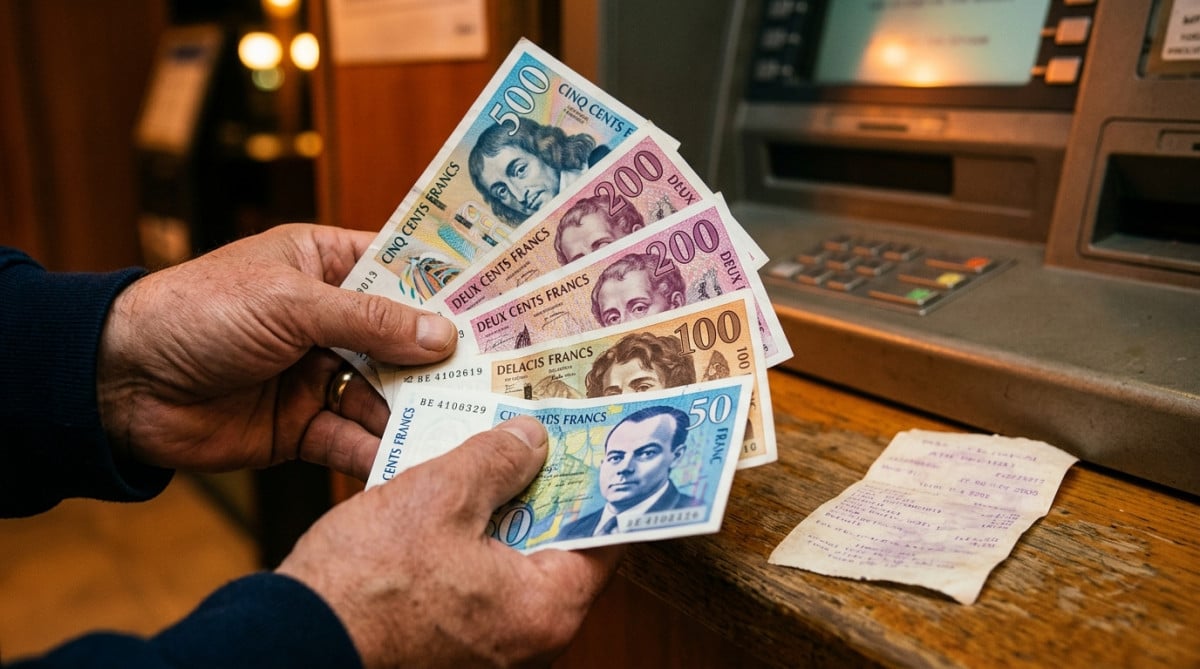 Billets de francs français et ticket de retrait thermique vintage