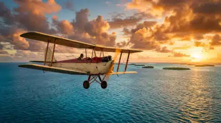 Biplan survolant l'océan Pacifique au coucher du soleil