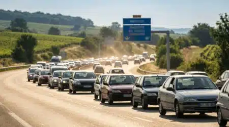 File de voitures sur une autoroute française par temps ensoleillé