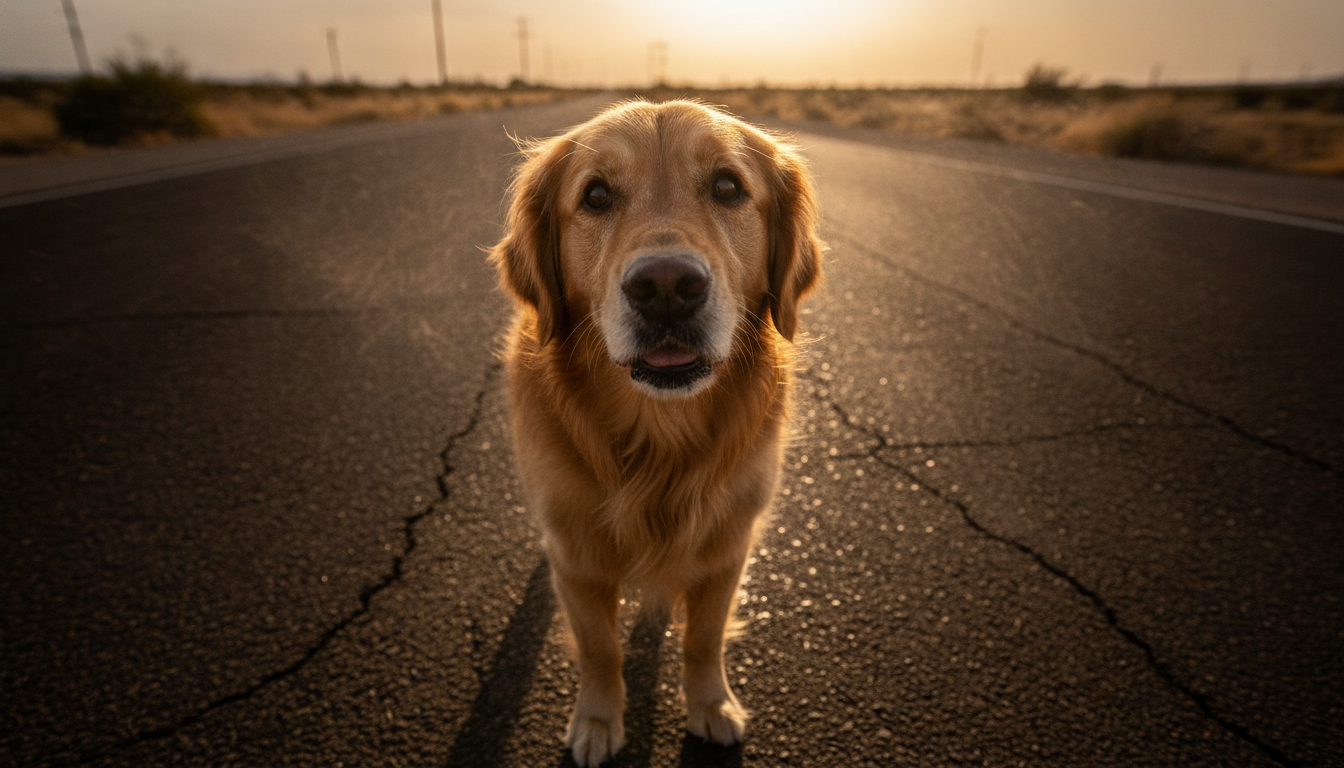 Chien sur bitume brûlant en pleine canicule estivale