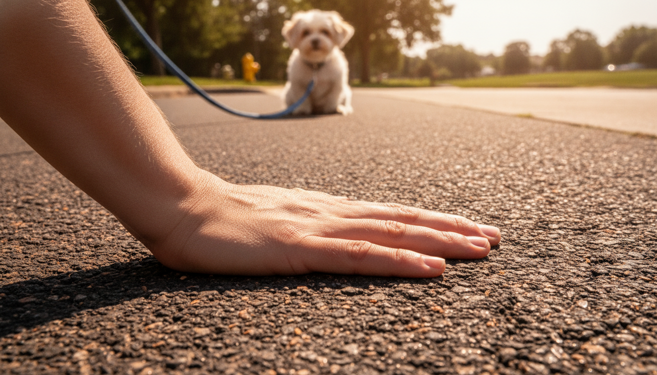 Test de la main sur asphalte chaud avant promenade canine