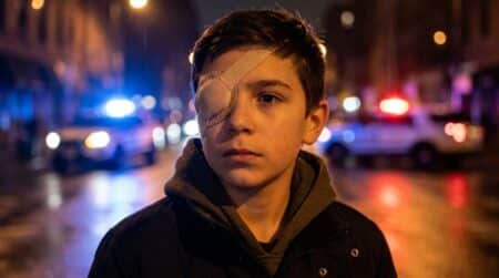 Adolescent portant un pansement sur l'œil droit dans une rue sombre