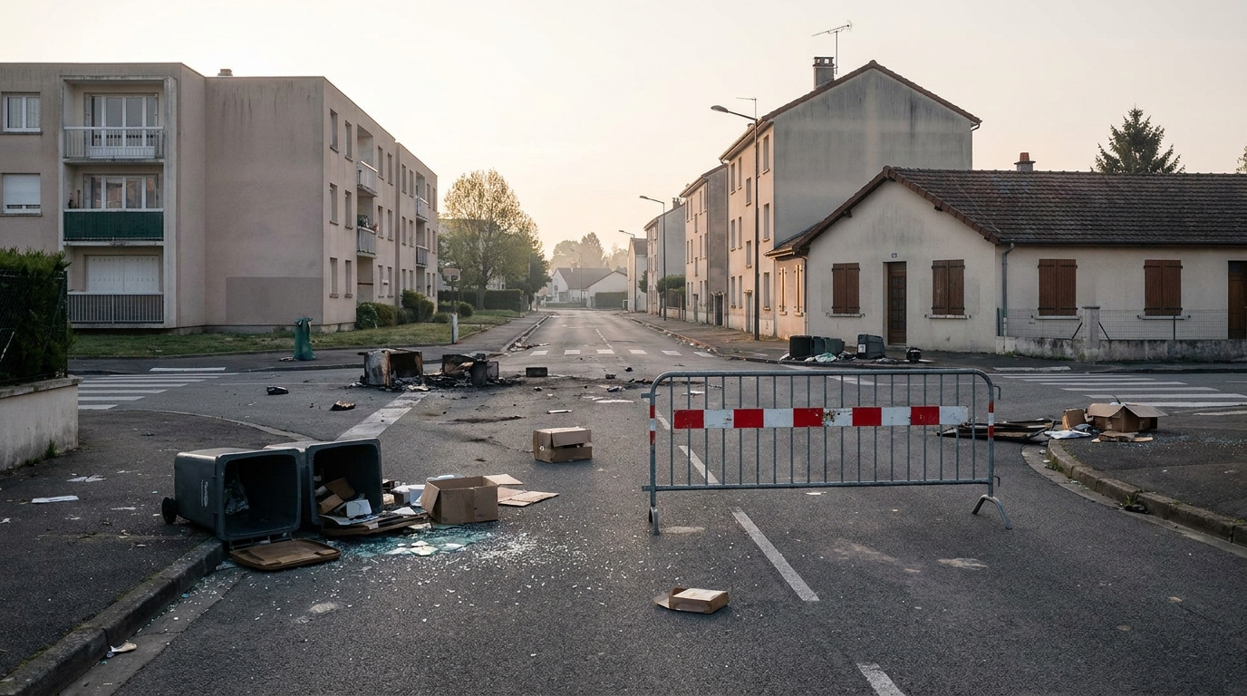 Rue de banlieue déserte au petit matin après des violences urbaines
