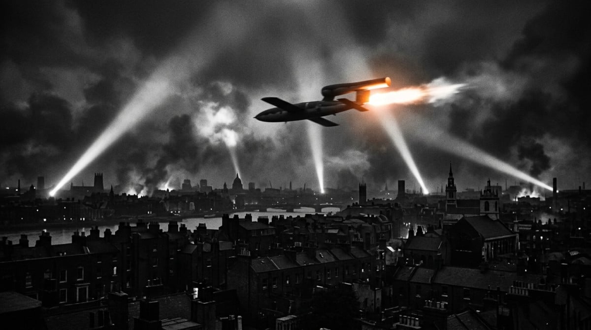 Bombe volante V1 au-dessus des toits de Londres la nuit