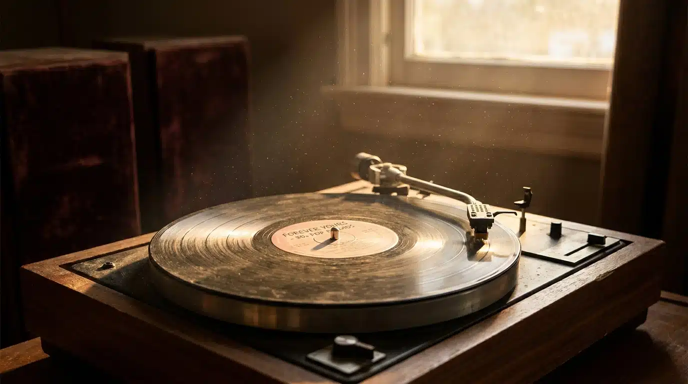 Disque vinyle sur une platine dans une lumière dorée et nostalgique