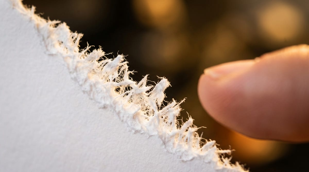 Bord d'une feuille de papier vu au microscope avec fibres dentelées
