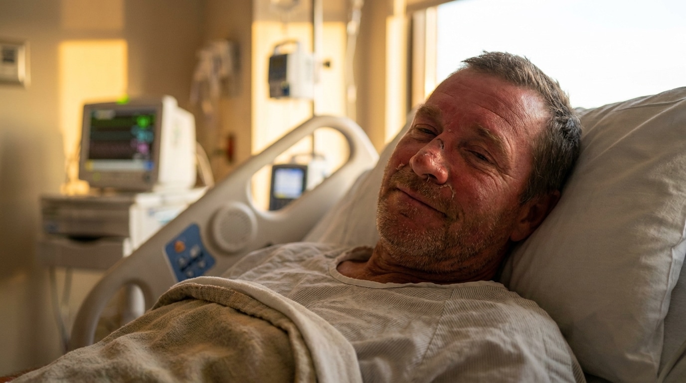Homme épuisé et brûlé par le soleil sur un lit d'hôpital