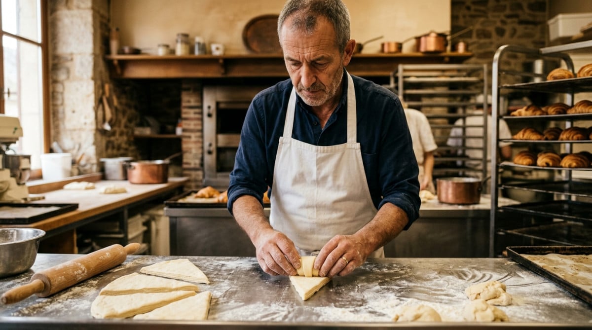 Boulanger artisan roulant des croissants à la main