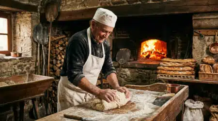 Boulanger français des années 60 pétrissant à la main