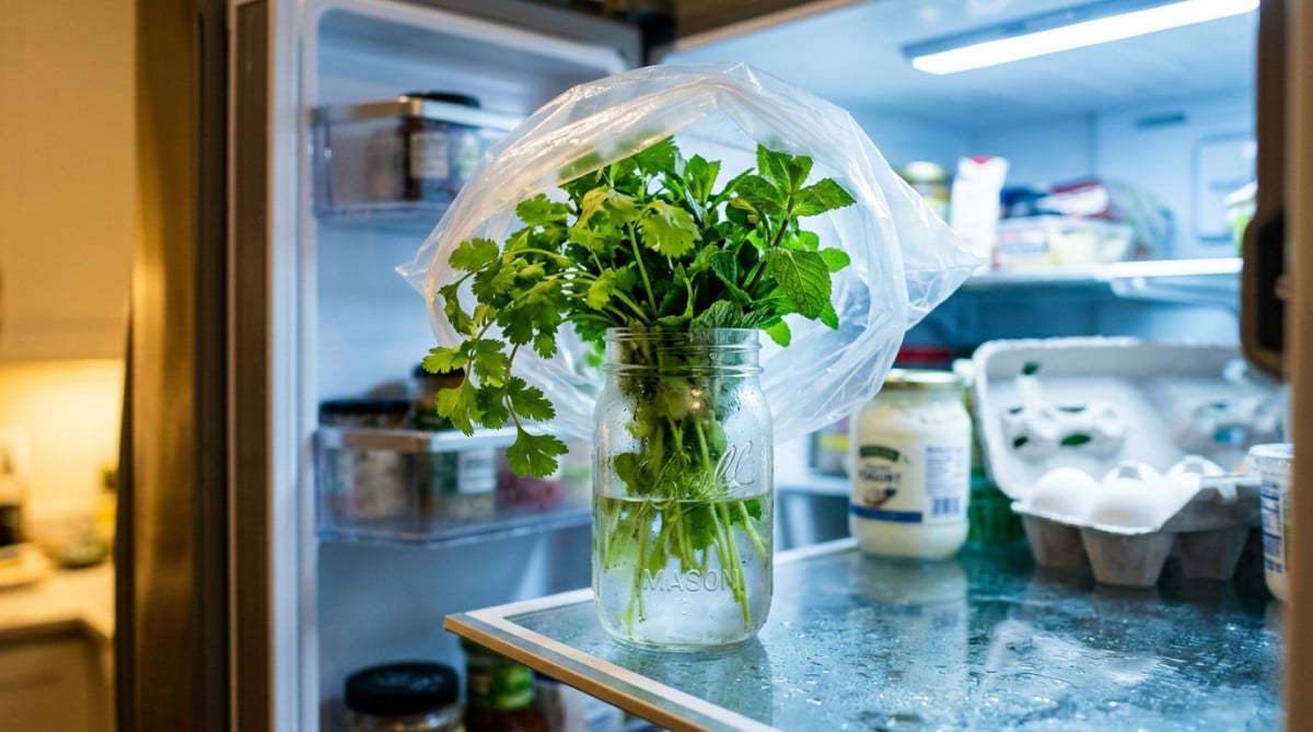 Bouquet d'herbes fraîches dans un verre d'eau au réfrigérateur
