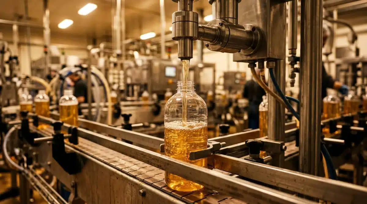 Bouteille de shampoing remplie sur une chaîne de production industrielle
