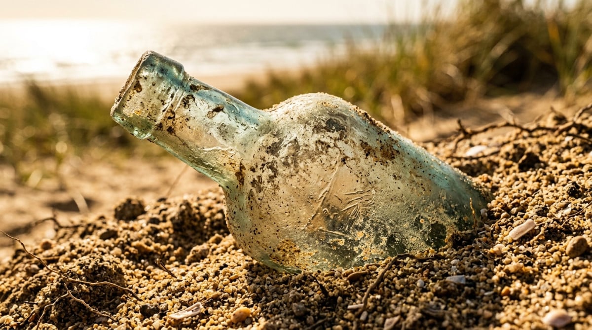 Bouteille en verre érodée enfouie dans le sable