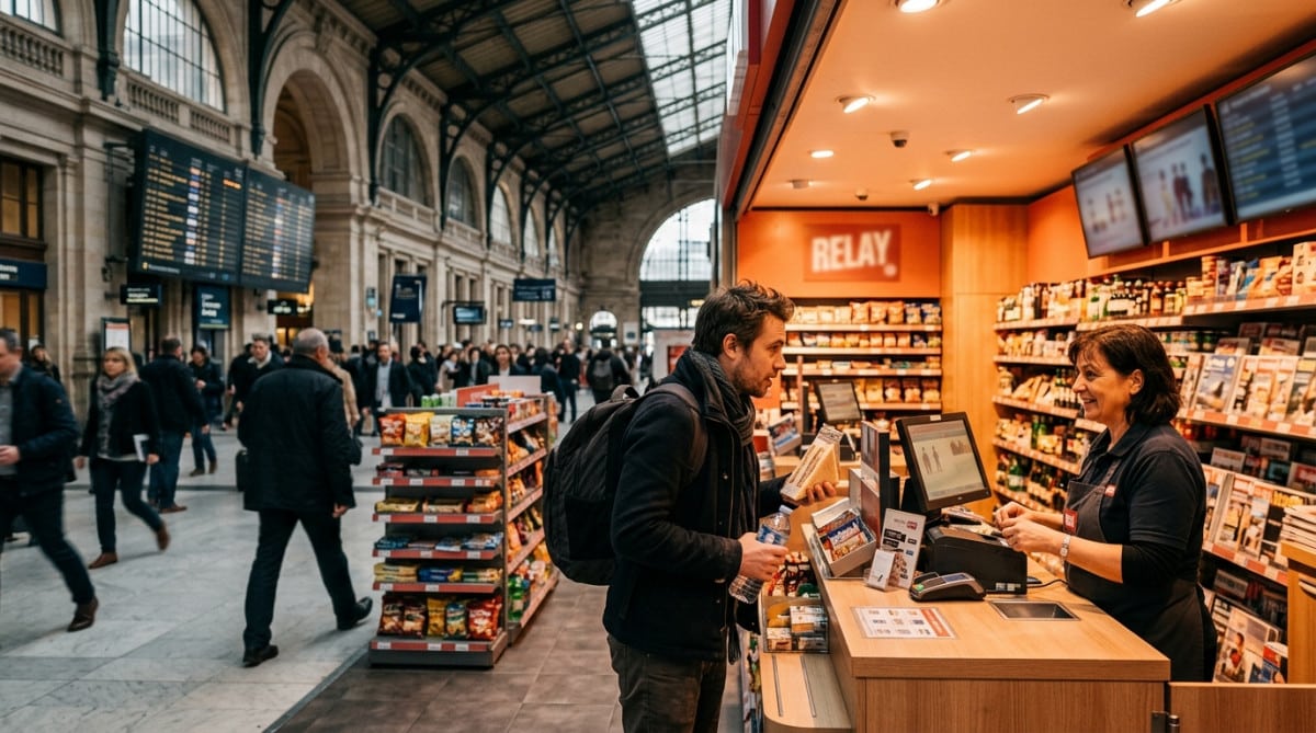 Boutique Relay dans une gare française avec voyageur pressé