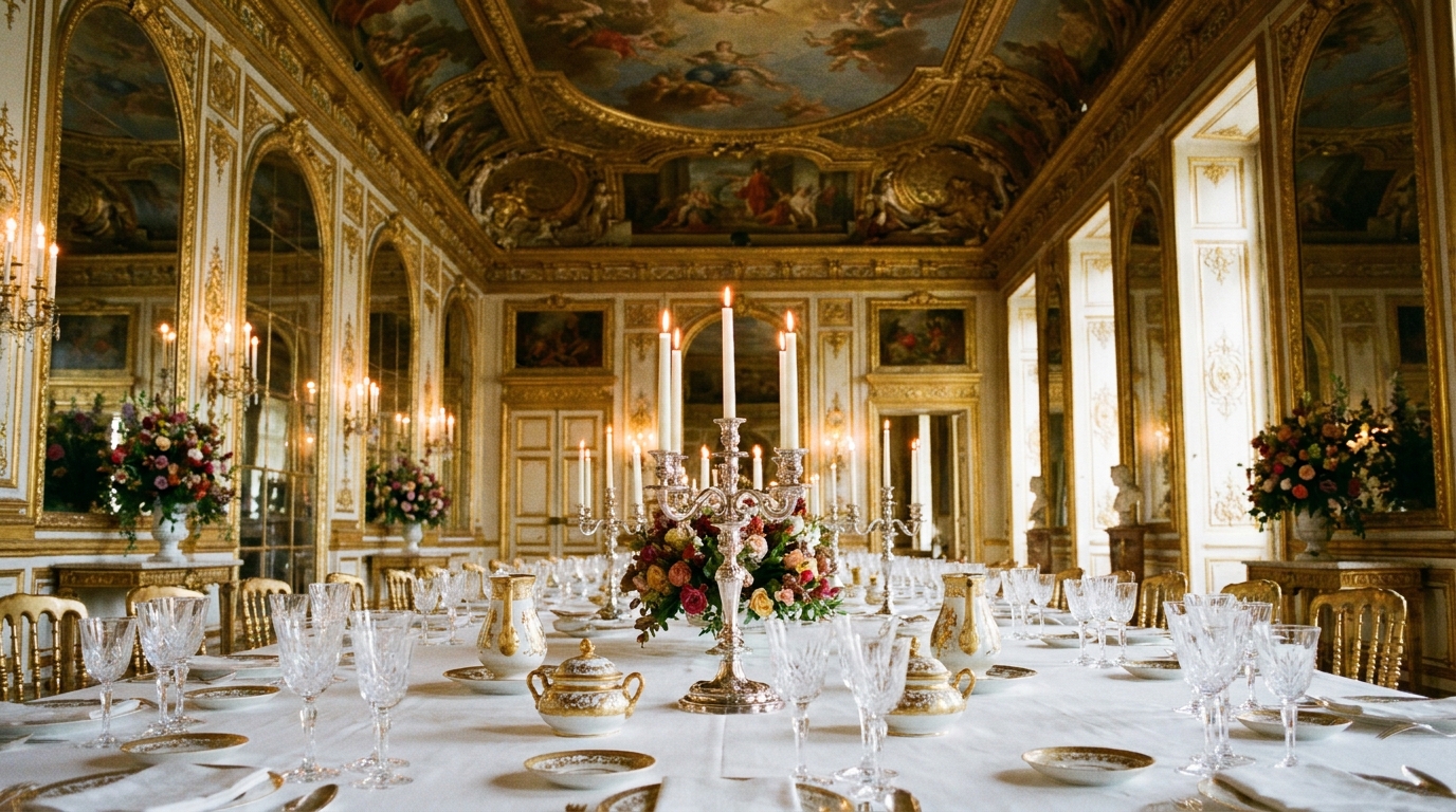 Table dressée pour un dîner de gala dans une galerie dorée du château de Versailles