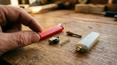 Briquet Bic démonté montrant ses composants minuscules