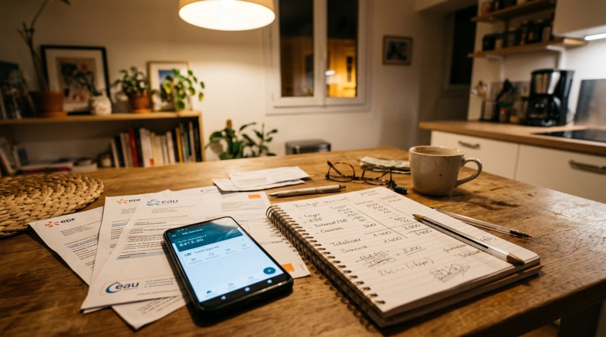 Budget mensuel manuscrit et factures sur une table de cuisine