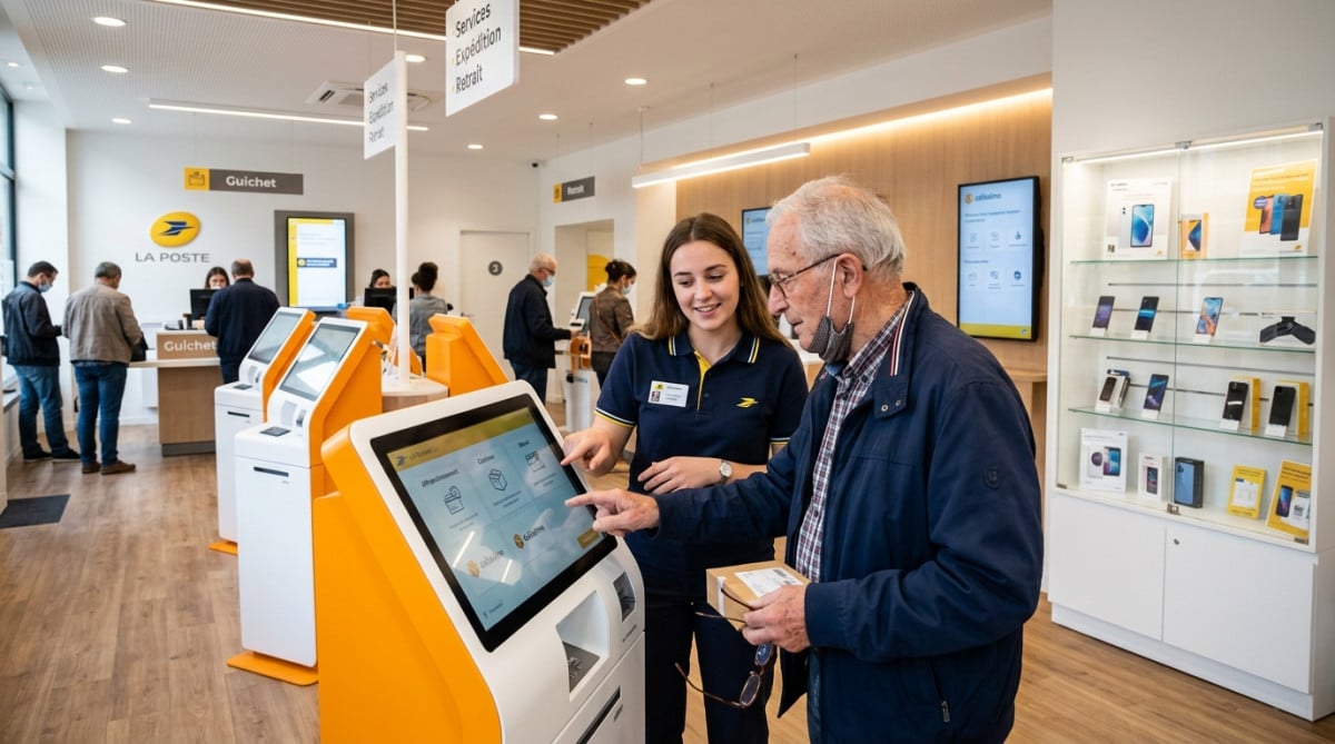 Bureau de poste moderne La Poste avec bornes tactiles et comptoirs ouverts