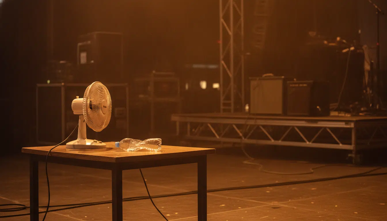 Coulisses d'un concert avec bouteille d'eau et ventilateur en pleine canicule