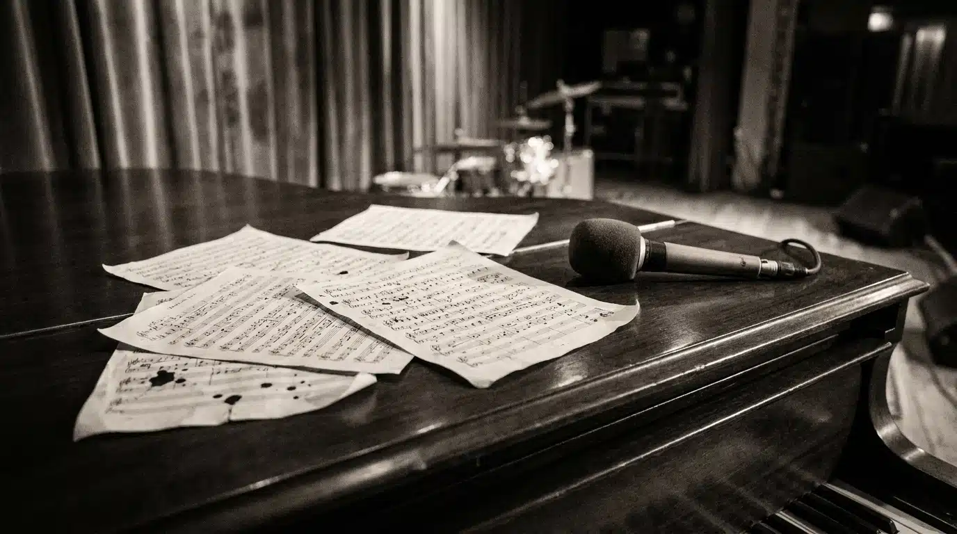 Partitions manuscrites et micro vintage sur un piano à queue