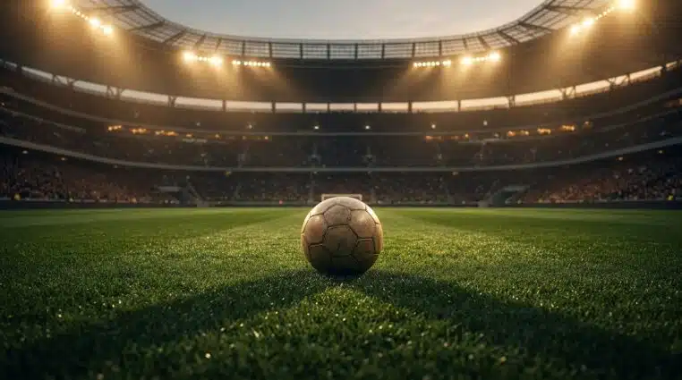 Ballon de football sur pelouse verte dans un stade illuminé