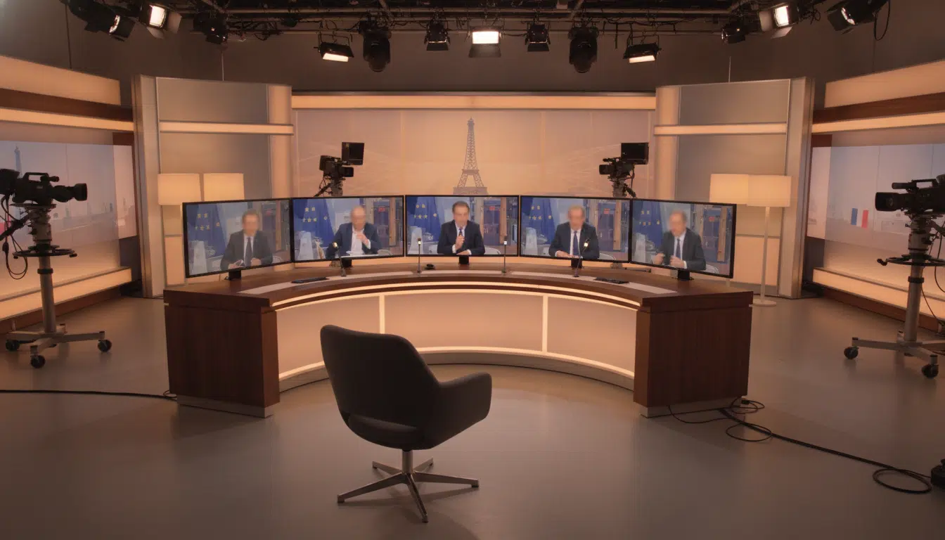 Plateau de télévision lors d'un débat politique, siège vide symbolisant un refus d'invitation