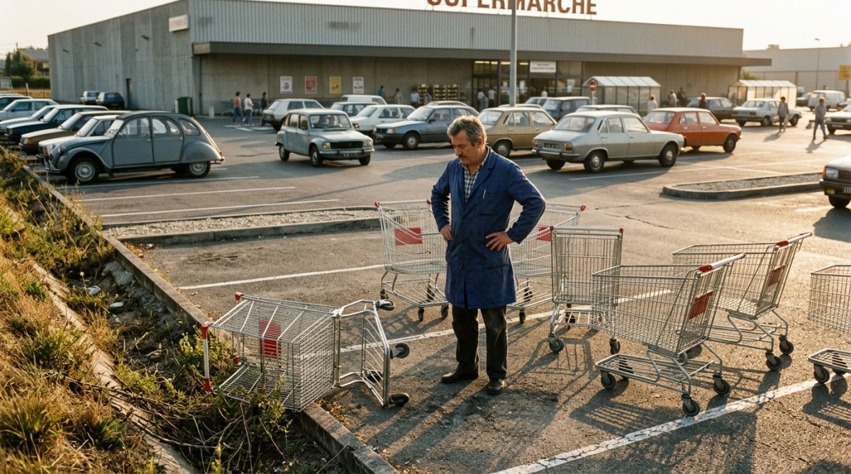 Caddies abandonnés sur un parking de supermarché années 1980