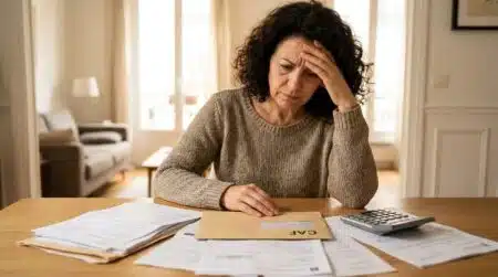Femme inquiète devant des documents administratifs et une calculatrice