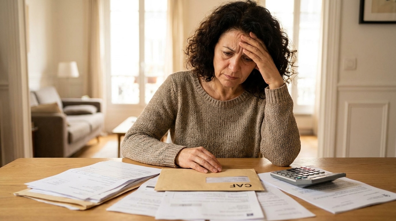 Femme inquiète devant des documents administratifs et une calculatrice