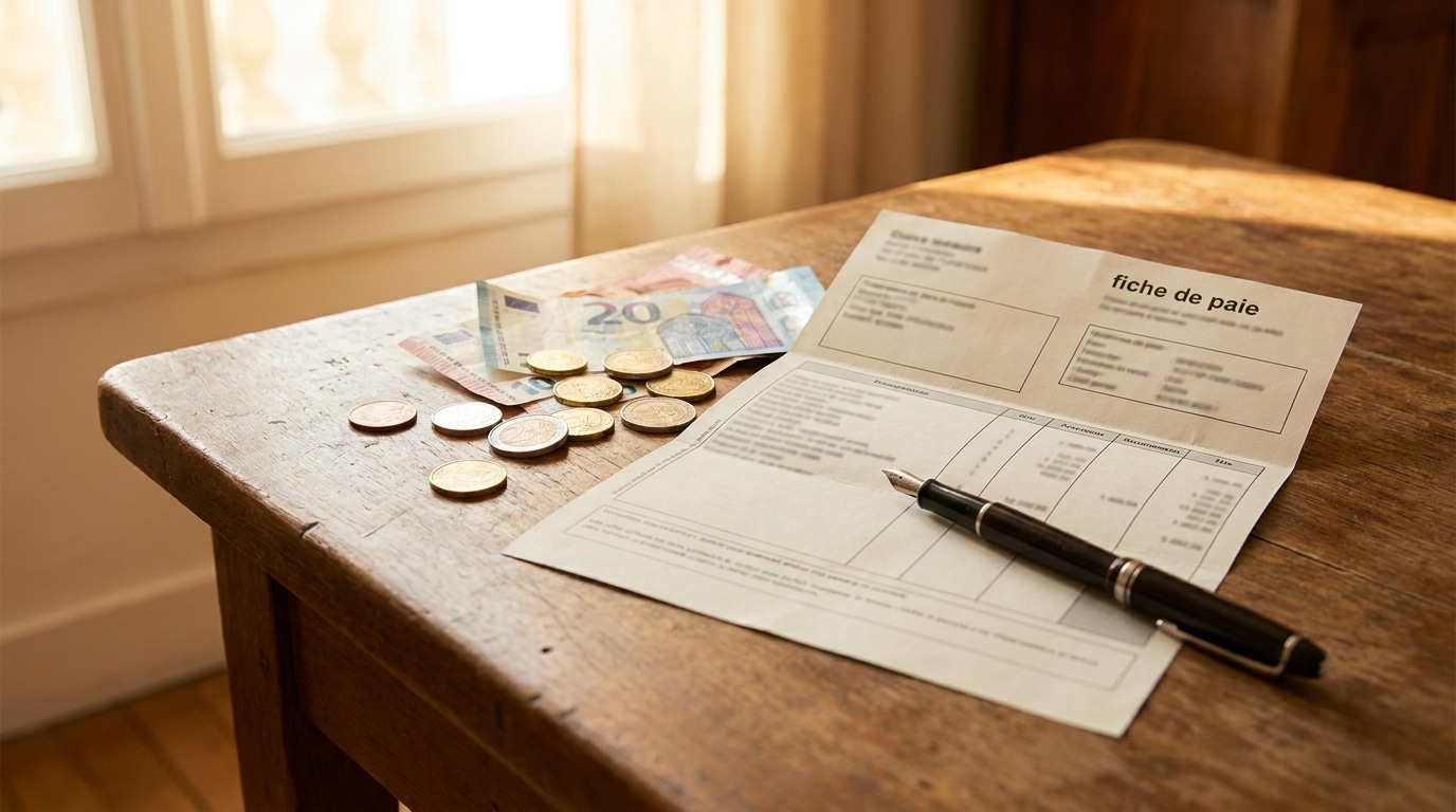 Fiche de paie posée sur un bureau à côté de pièces en euros