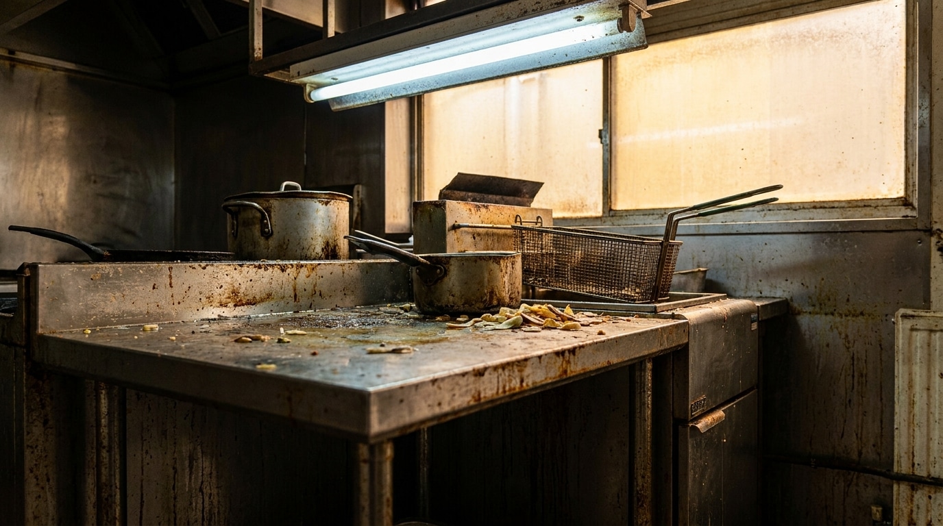 Cuisine professionnelle sale avec traces de rouille et restes alimentaires