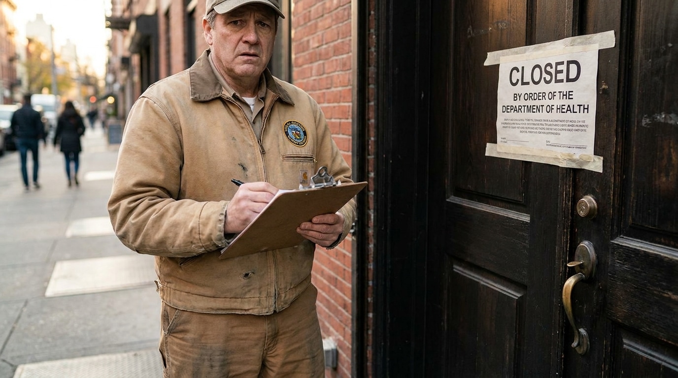 Inspecteur sanitaire devant un restaurant fermé administrativement