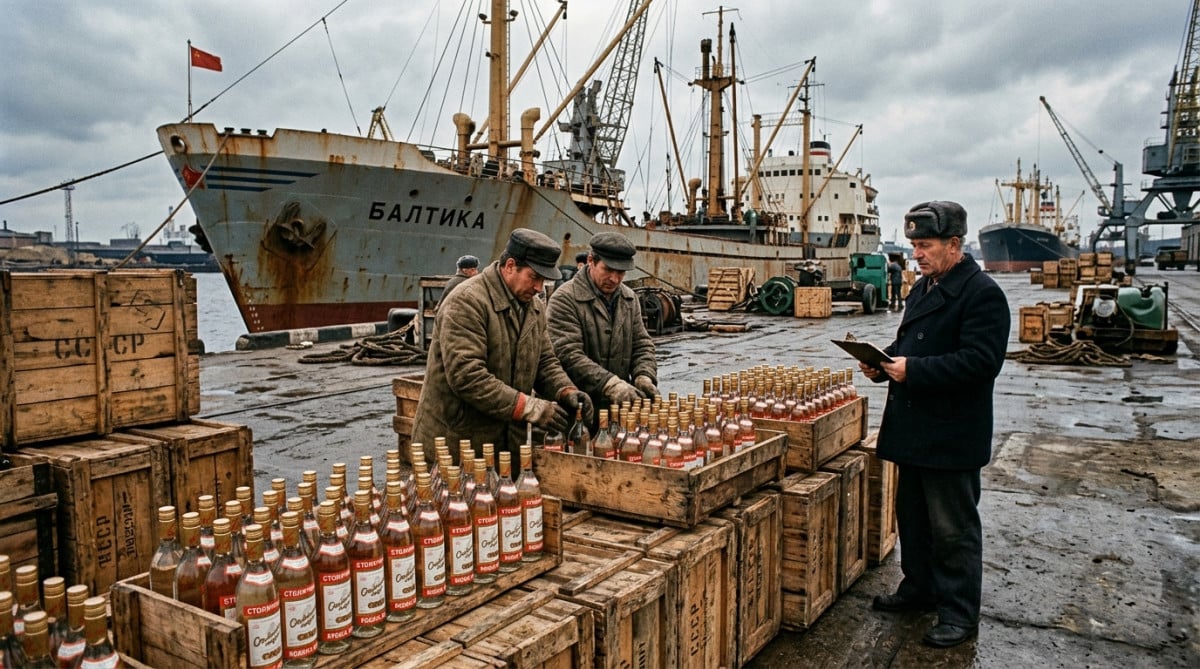 Caisses de vodka Stolichnaya chargées sur un quai soviétique