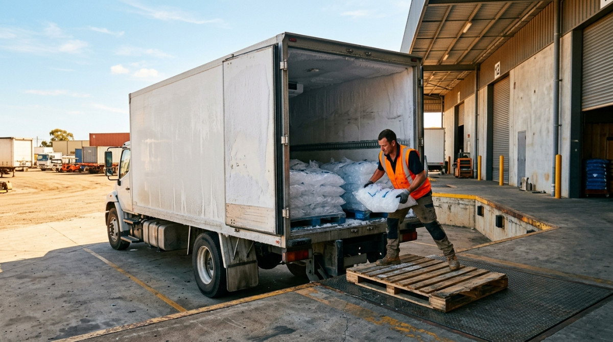 Camion frigorifique livrant des sacs de glaçons