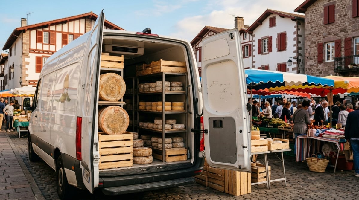 Camion frigorifique ouvert avec des fromages au marché