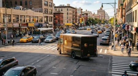 Camion UPS marron tournant à droite dans une ville
