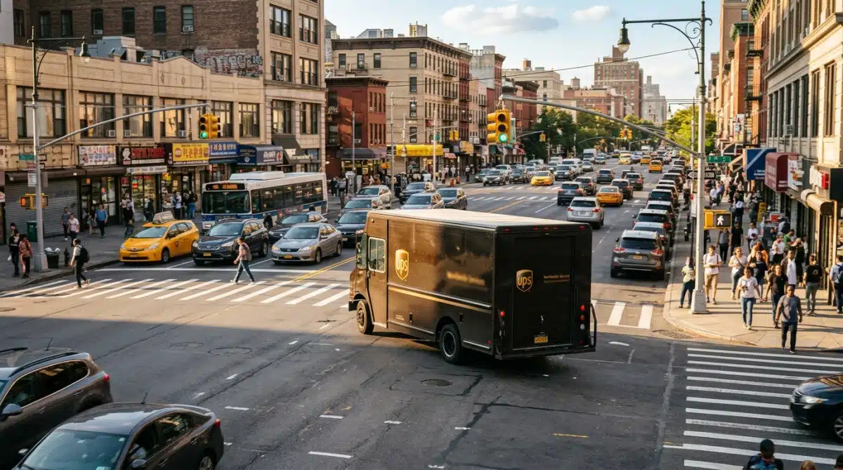 Camion UPS marron tournant à droite dans une ville