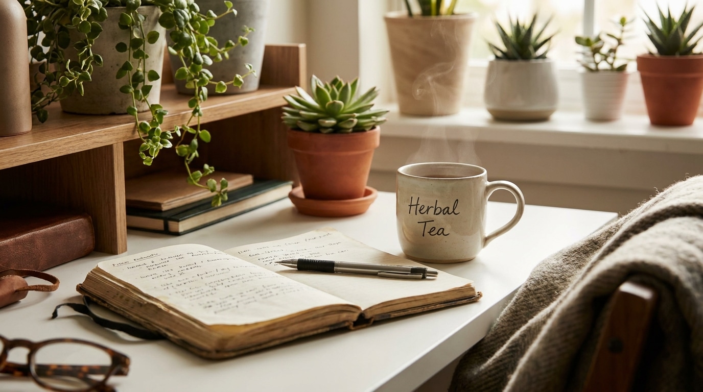 Bureau cosy avec carnet ouvert et tasse de thé