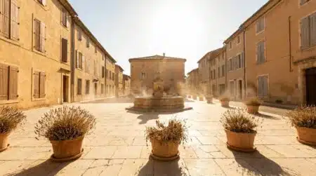 Place de village française écrasée par le soleil en pleine canicule