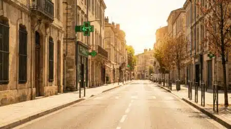 Thermomètre de pharmacie affichant une température élevée en ville