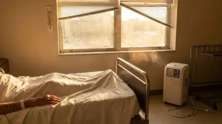 Chambre d'hôpital surchauffée avec climatiseur mobile au sol