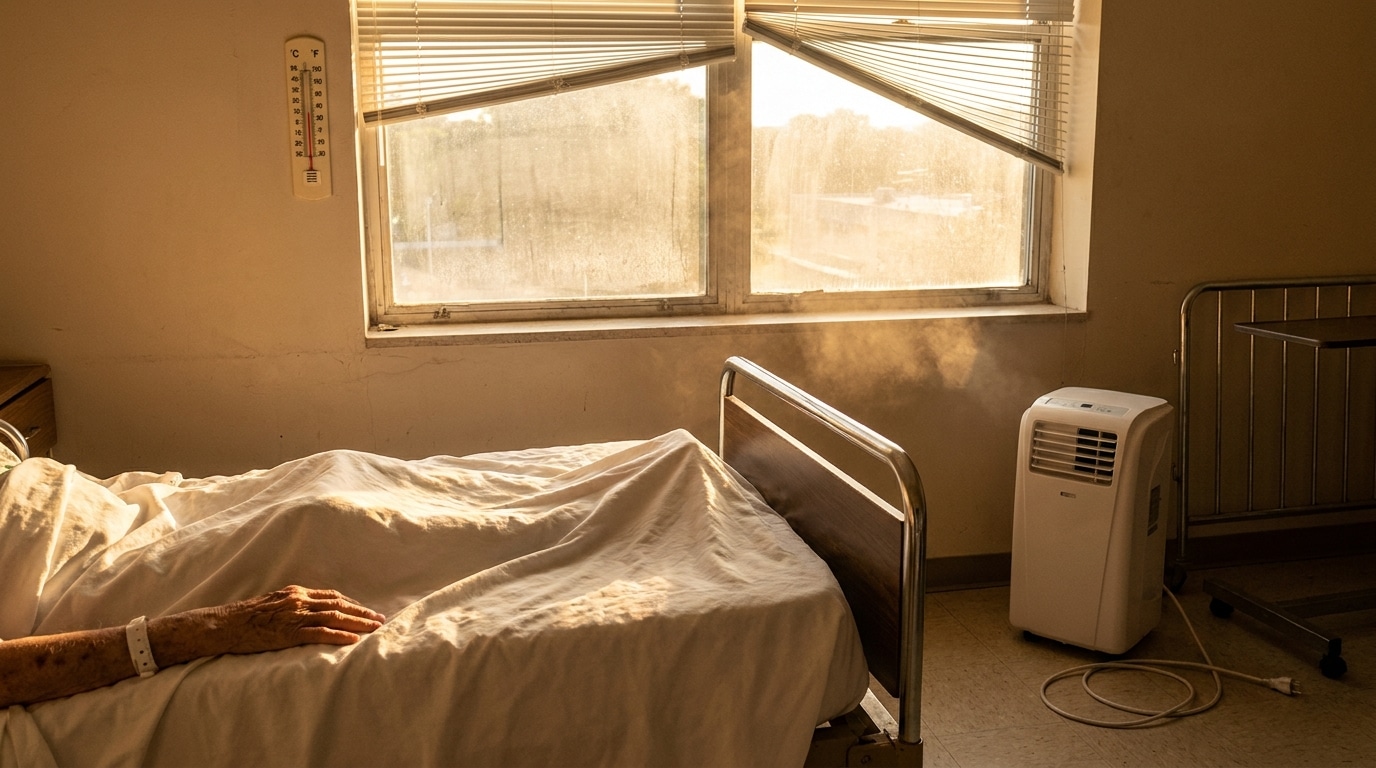 Chambre d'hôpital surchauffée avec climatiseur mobile au sol