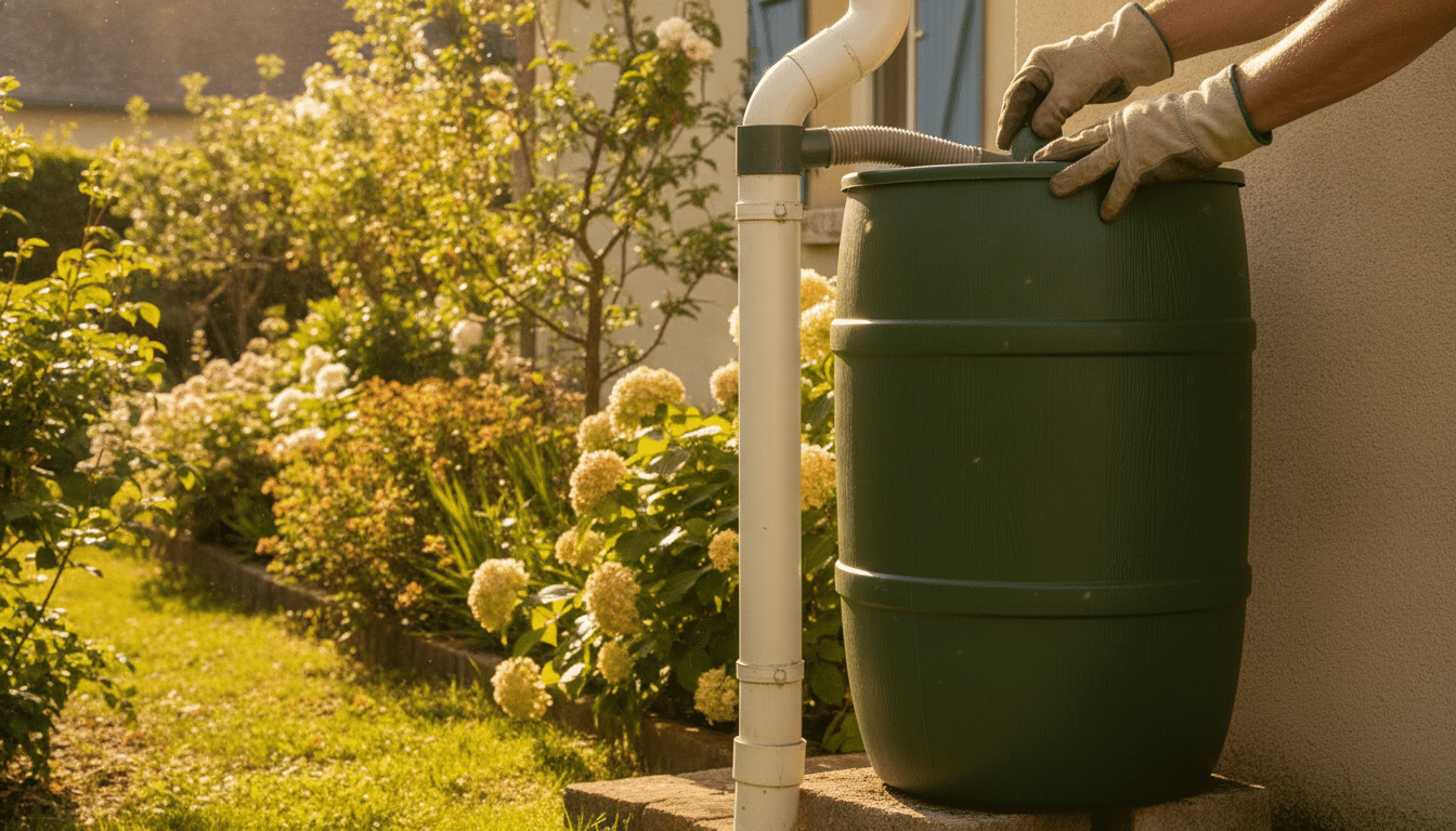 Récupérateur d'eau raccordé à une gouttière dans un jardin