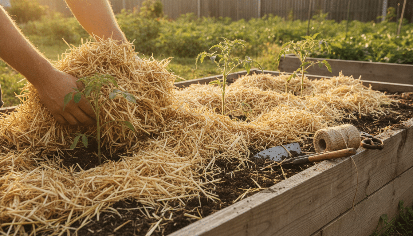Paillage de paille étalé au pied de plants de tomates